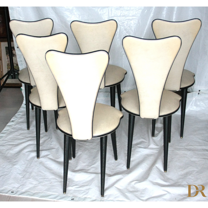 Sedie Umberto Mascagni anni 60 in crema con dettaglio nero, set 6