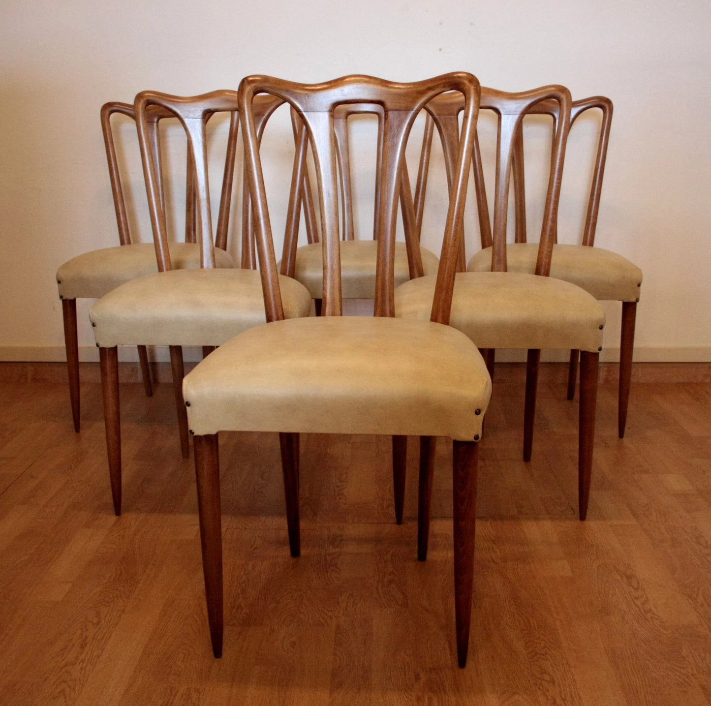 Sei sedie da pranzo in legno con seduta imbottita vittorio dassi pranzo mid-century moderna anni 50