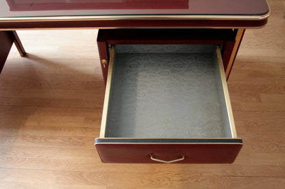 Set studio umberto mascagni scrivania ministeriale con cassetto aperto in legno Italia 1950
