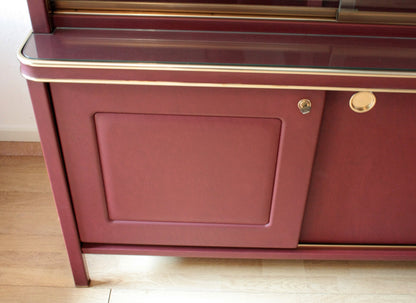 Set Studio Umberto, scrivania con sedie e libreria, similpelle Bordeaux, mobili Italia 1950