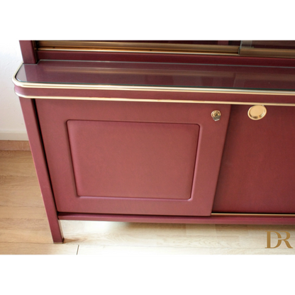 Set Studio Umberto, scrivania con sedie e libreria, similpelle Bordeaux, mobili Italia 1950