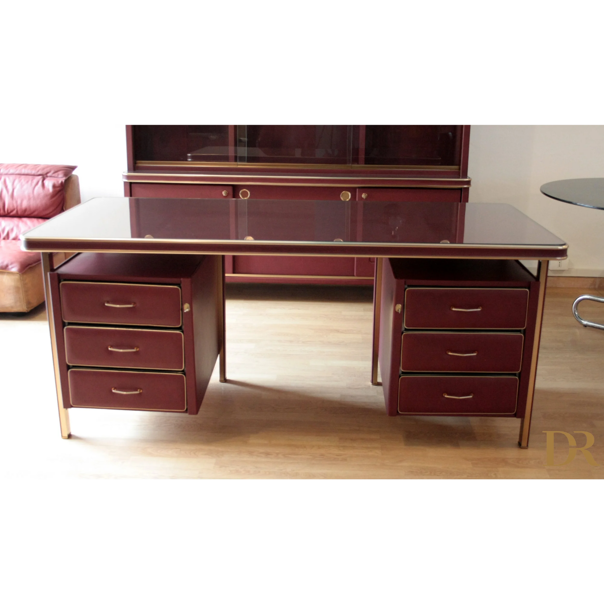 Scrivania in similpelle bordeaux di Set Studio Umberto Mascagni, Italia 1950