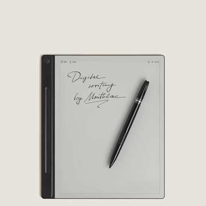 Montblanc digital paper nero 135010 con tavoletta digitale nera e stilo abbinato che mostra scrittura corsiva elegante