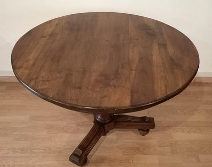 Tavolo tondo ottocento in noce stile umbertino vintage con finitura scura e base in legno massello