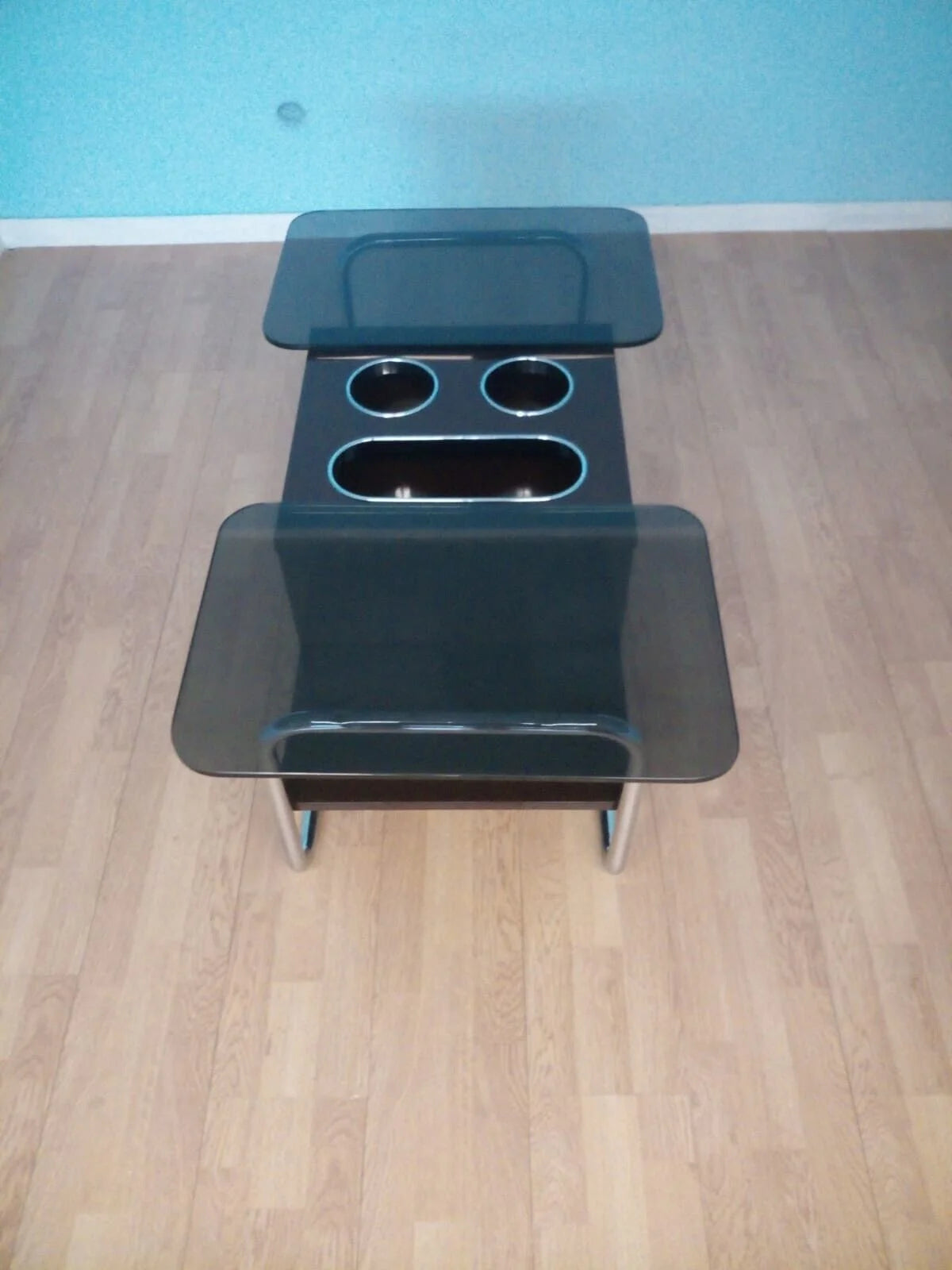 Black center console armrest con portabicchieri e vani portaoggetti per tavolino bar vintage in metallo cromato splendido