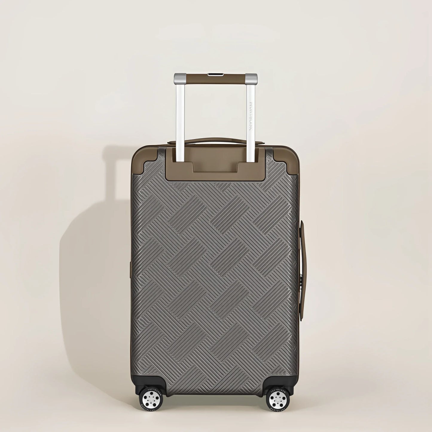 Montblanc trolley da cabina compatto olive verde con motivo geometrico e manico telescopico argento per la prossima avventura
