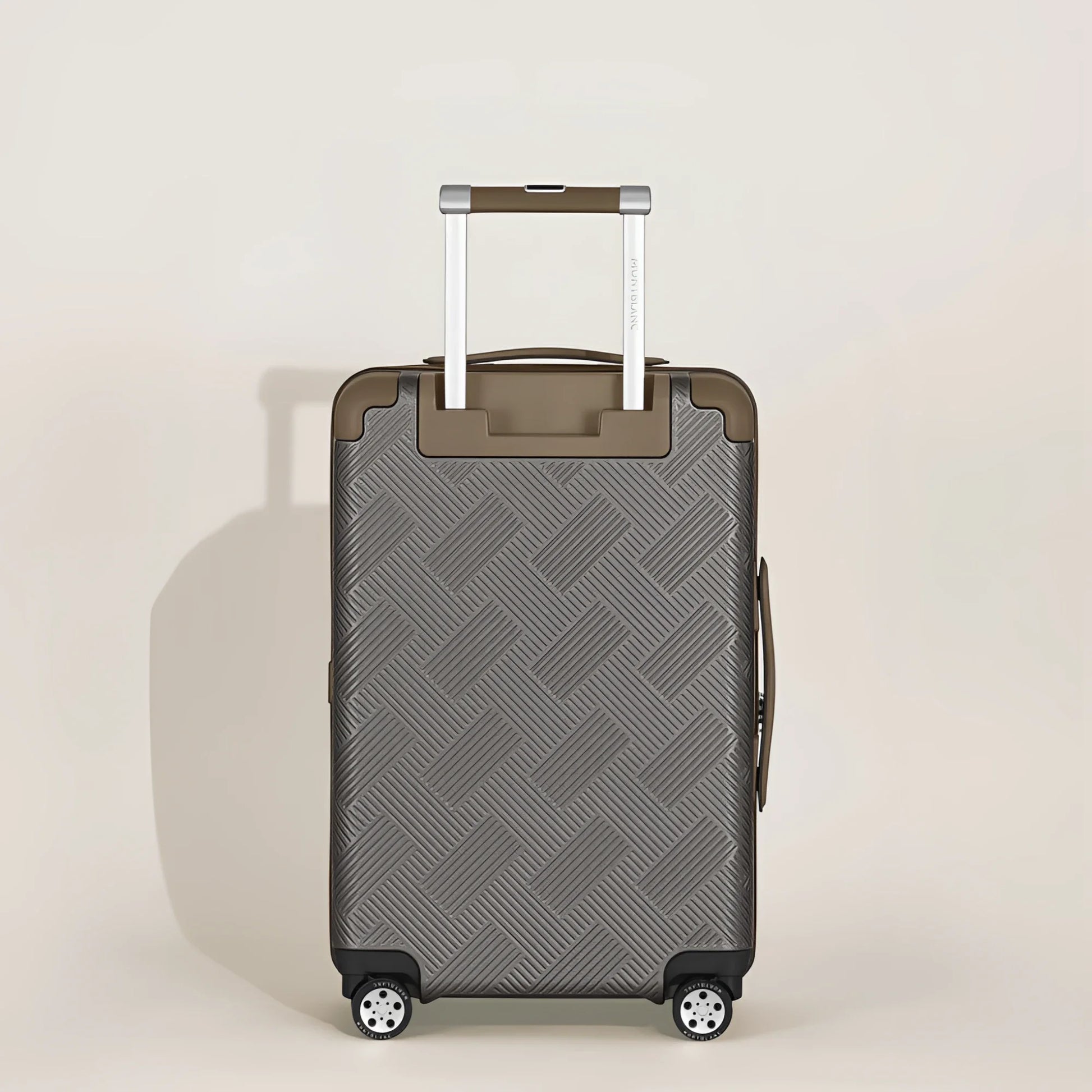Montblanc trolley da cabina compatto olive verde con motivo geometrico e manico telescopico argento per la prossima avventura