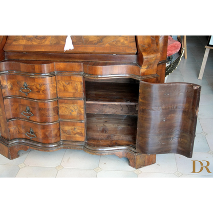 Comò vintage barocco in noce e radica di noce, design casa originale XIX secolo