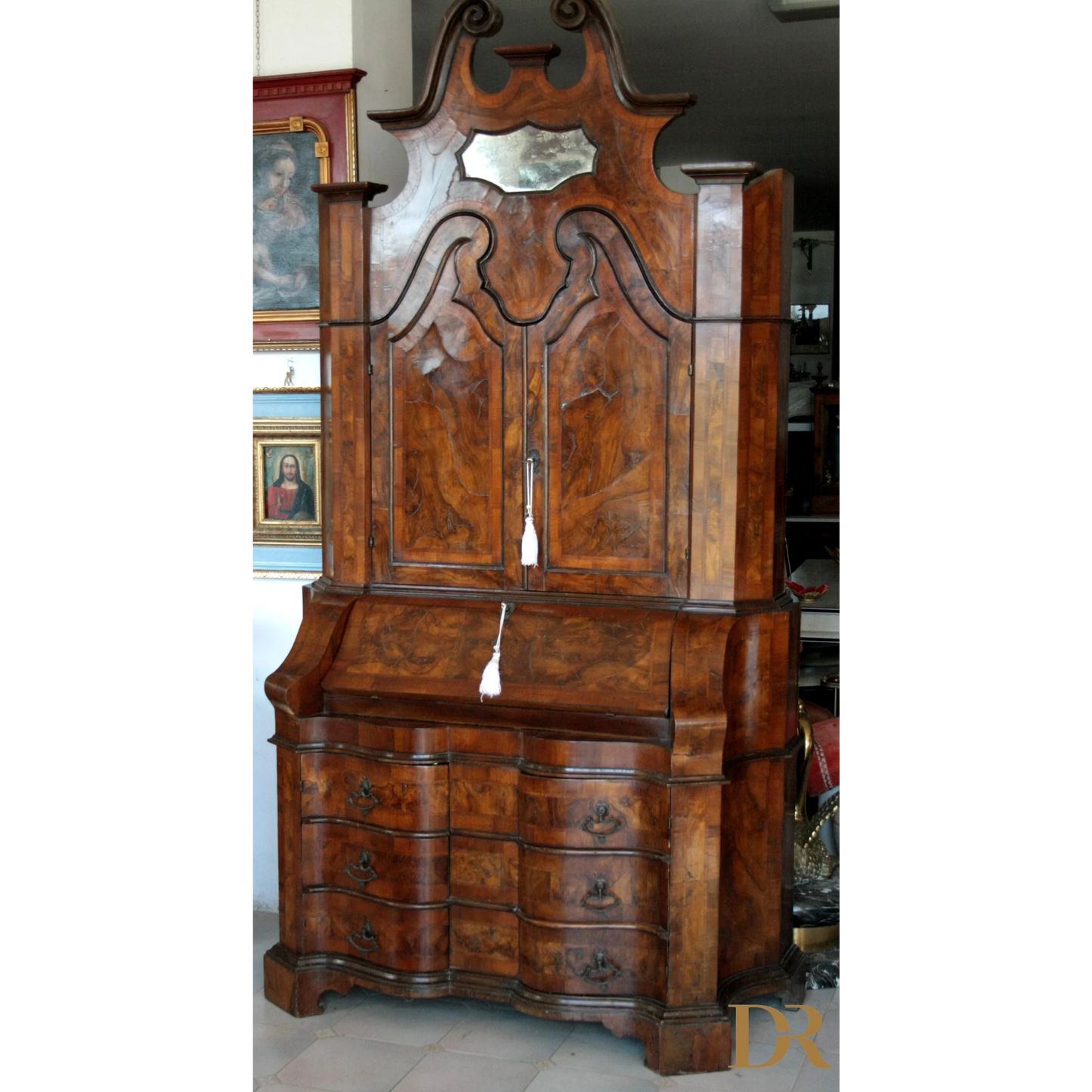 Scrivania segretario antica in noce con specchio, perfetta per casa vintage e design