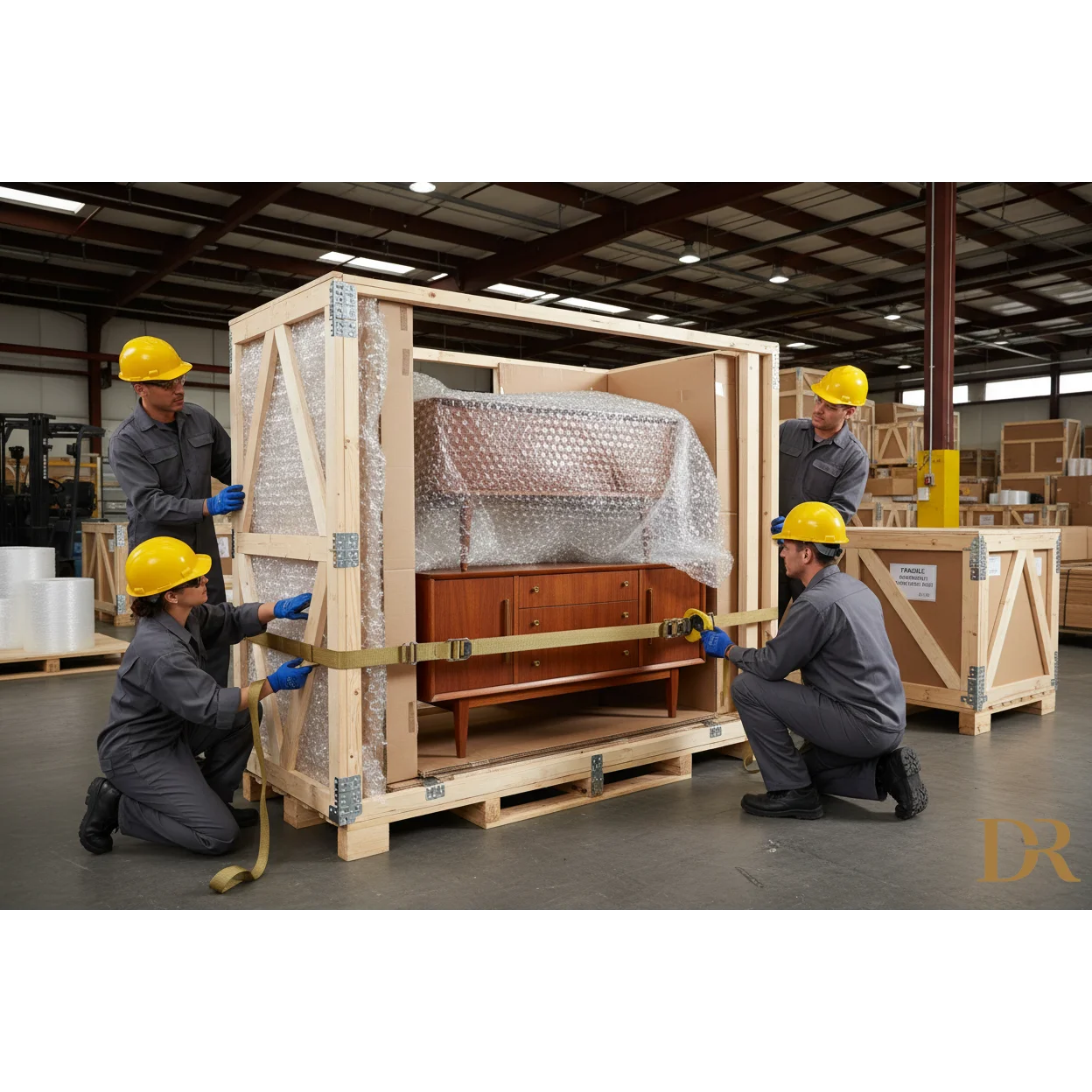 Dresser mid-century moderno in legno, imballato in cassa per consegna senza preoccupazioni