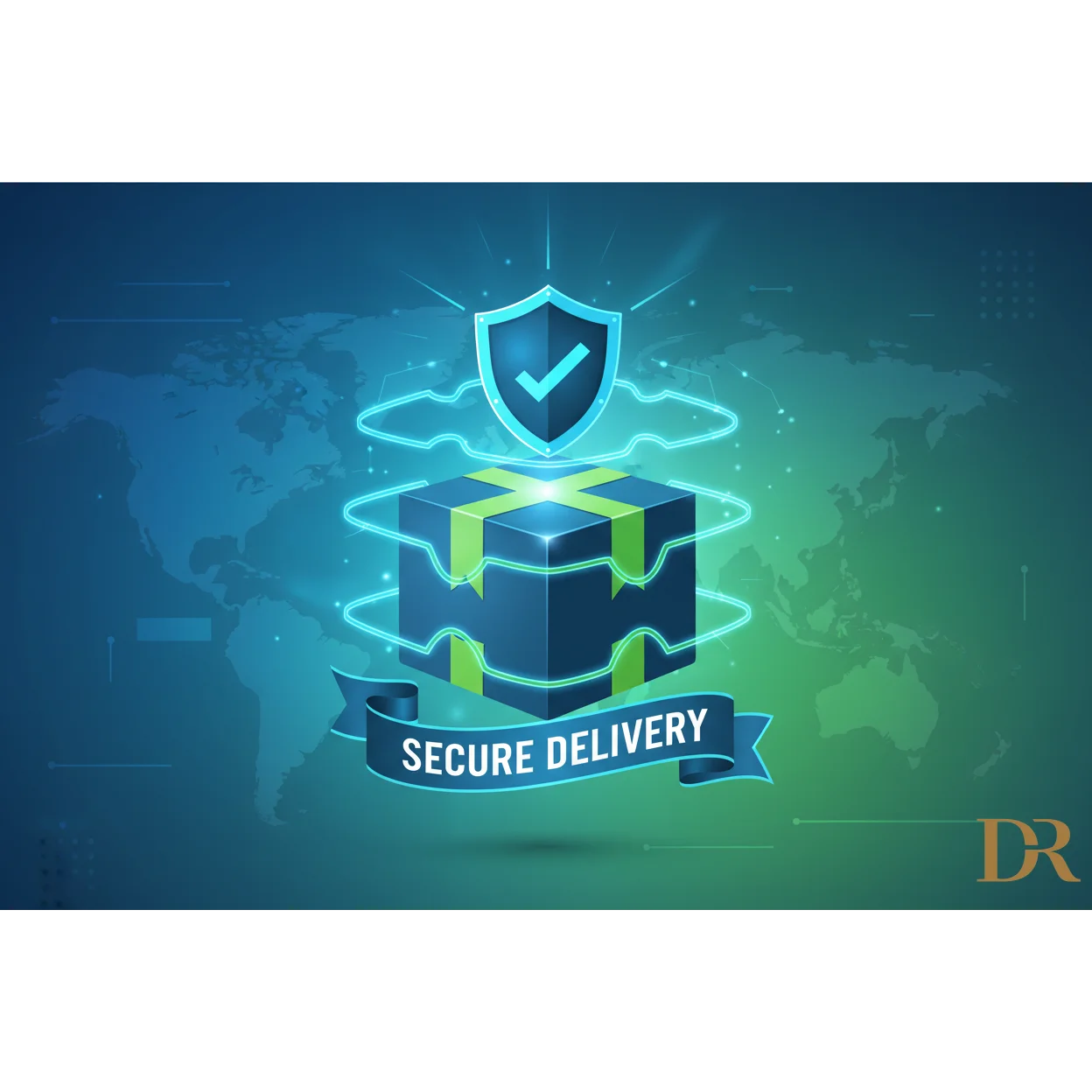 Scatola regalo blu scuro con nastro verde luminoso, scudo, consegna senza preoccupazioni