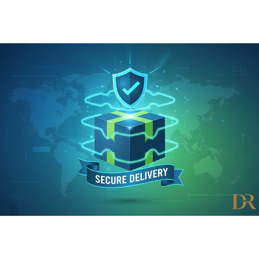 Scatola regalo blu scuro con nastro verde luminoso, scudo, consegna senza preoccupazioni