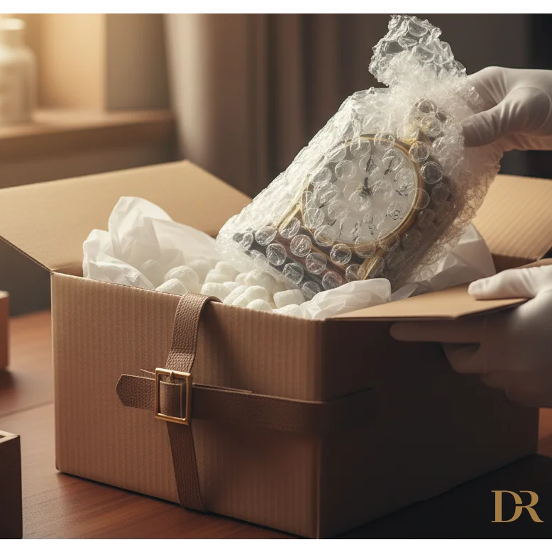 Orologio analogico dorato con quadrante bianco e numeri romani neri, avvolto in pluriball per consegna senza preoccupazioni