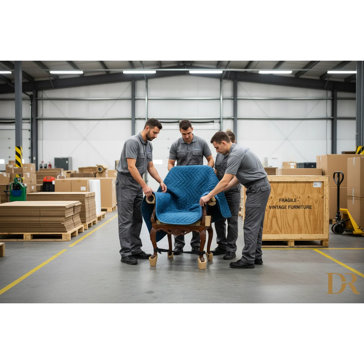 Antica sedia di legno intagliata, tappezzata in tessuto blu trapuntato vivace