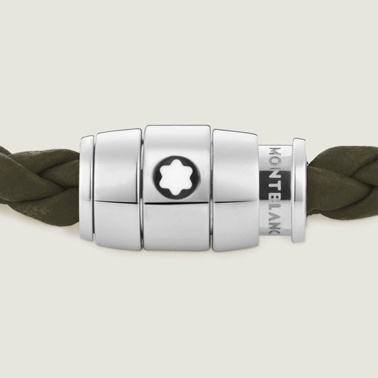 Montblanc bracciale in acciaio a 3 anelli e pelle Meisterstück Kaki misura M 13600463