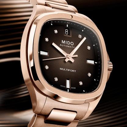 Mido Multifort TV 35毫米棕色钻石自动钢表玫瑰金PVD涂层 M049.307.33.296.00