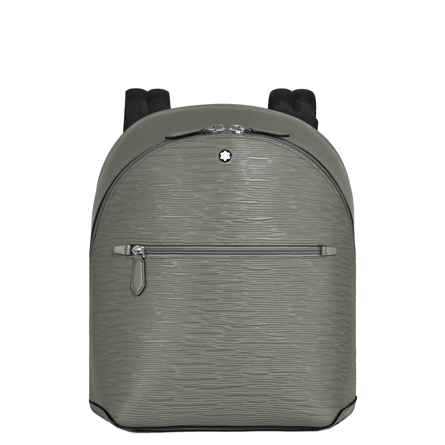 Montblanc zaino mini in pelle grigio medio con texture verde oliva, cerniere argento e dettagli neri eleganti