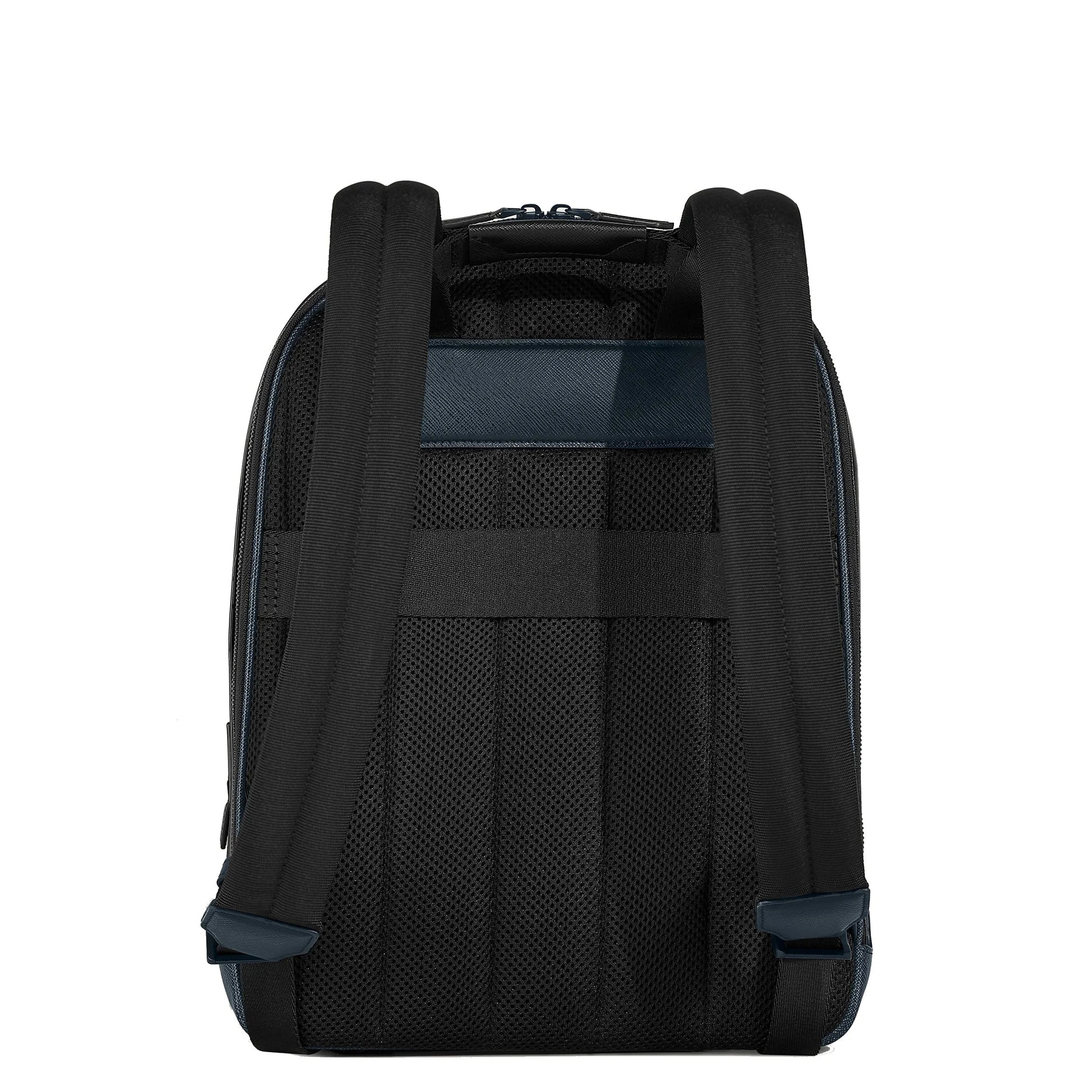 Zaino montblanc medio nero in mesh con accenti blu navy e spallacci imbottiti in stile urbano sofisticato e tweed blu